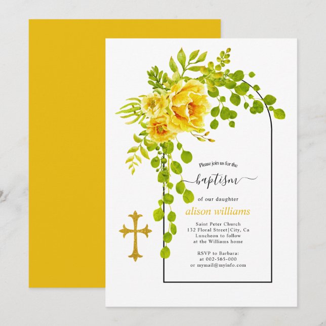 Invitación Flores amarillas y bautismo floral en arco (Anverso / Reverso)