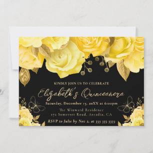 Invitación Flores Amarillas y Doradas de Acuarela Quinceañera