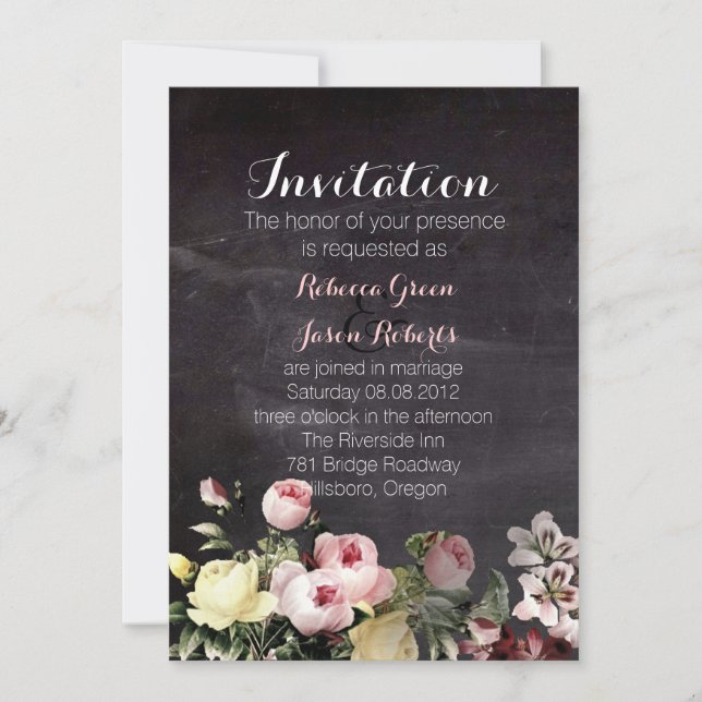 Invitación flores antiguas rústicas modernas boda de Chalkboa (Anverso)