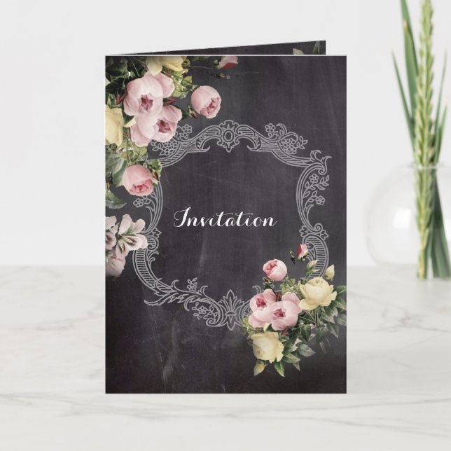 Invitación flores antiguas rústicas modernas boda de Chalkboa (Anverso)