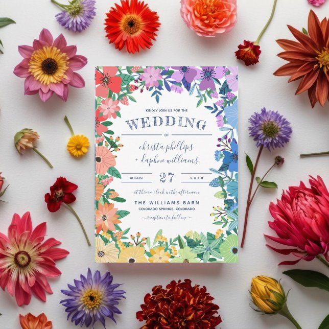 Invitación Flores Arcoíris Retro Boda Gay Lesbiana (Subido por el creador)