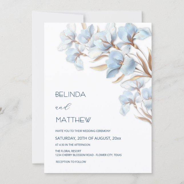 Invitación Flores Artísticas Blue Gold (Anverso)