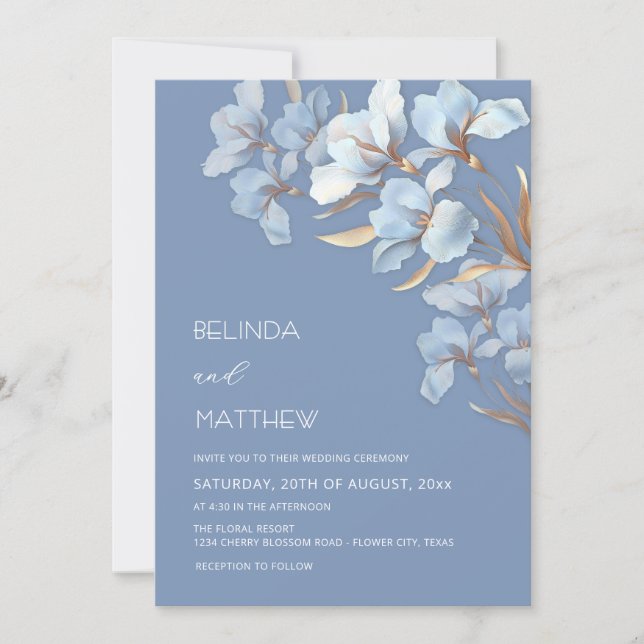Invitación Flores Artísticas Blue Gold (Anverso)