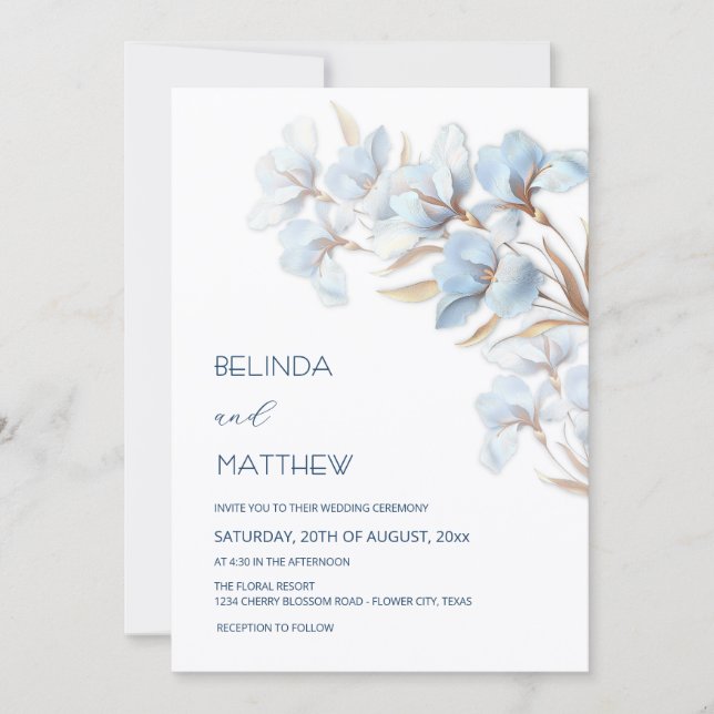 Invitación Flores Artísticas Blue Gold (Anverso)