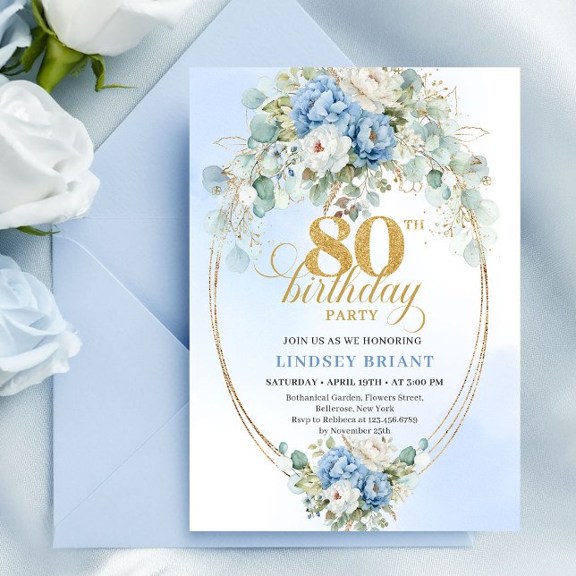 Invitación Flores atemporales Boho Dusty Blue cumpleaños 80  (Timeless Boho Dusty Blue Flowers 80th Birthday Invitation)