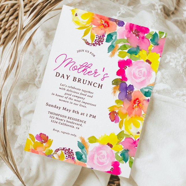 Invitación Flores audaces modernas escriben el brunch del día (Modern bold flowers script mother's day brunch invitation)