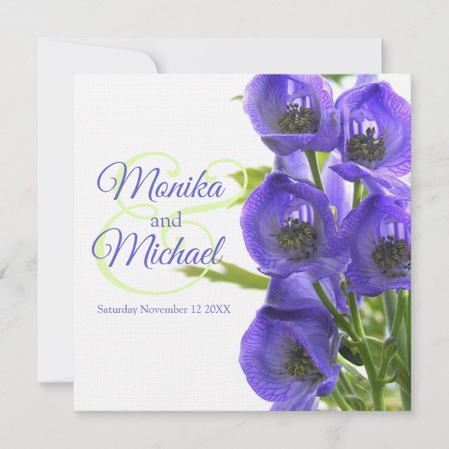 Invitación Flores azul Aconitum boda ropa de cama cuadrada in (Anverso)