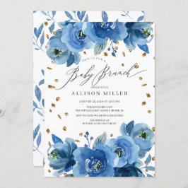 Invitación Flores azul acuarela Baby Shower Brunch