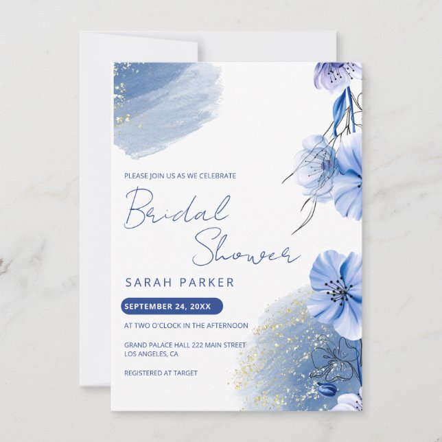 Invitación Flores azul acuarela ducha de novia (Anverso)
