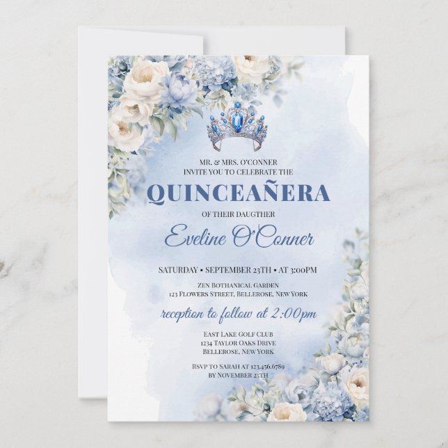 Invitación Flores azul acuarela eucalipto Quinceañera (Anverso)