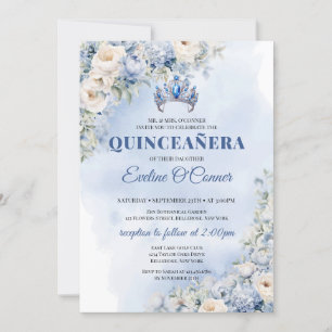Invitación Flores azul acuarela eucalipto Quinceañera