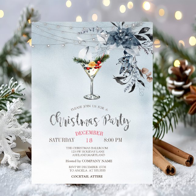 Invitación Flores azul acuarela, Navidades de cócteles lumino (Subido por el creador)