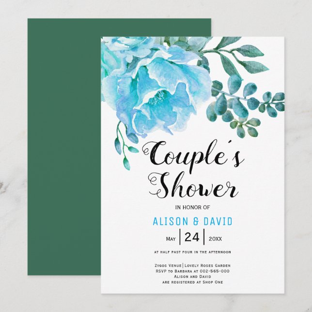 Invitación Flores azul acuarela parejas bodas ducha (Anverso / Reverso)