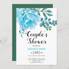 Invitación Flores azul acuarela parejas bodas ducha