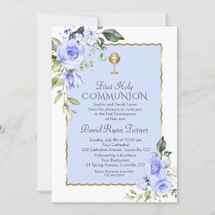 Invitación Flores azul acuarela Primera comunión sagrada