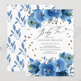 Invitación Flores azul acuarela Té Baby Shower