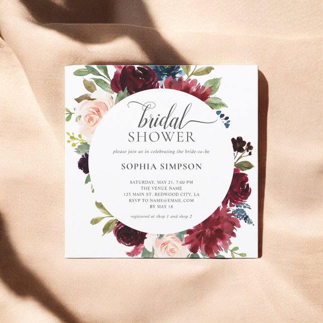 Invitación Flores azul borgoña Flores guion ducha de novia (Subido por el creador)
