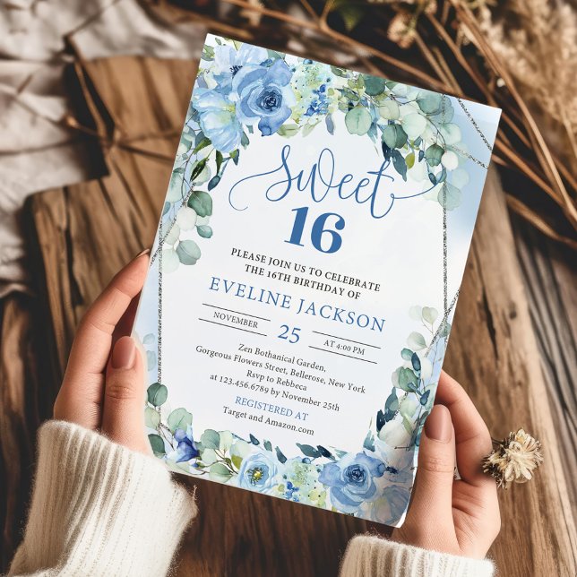 Invitación Flores azul claro boho eucalipto dulce de plata 16 (elegant watercolor blue flowers sage eucalyptus silver frame sweet 16 invitation)