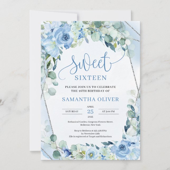 Invitación Flores azul claro Boho eucalipto dulce dieciséis (Anverso)