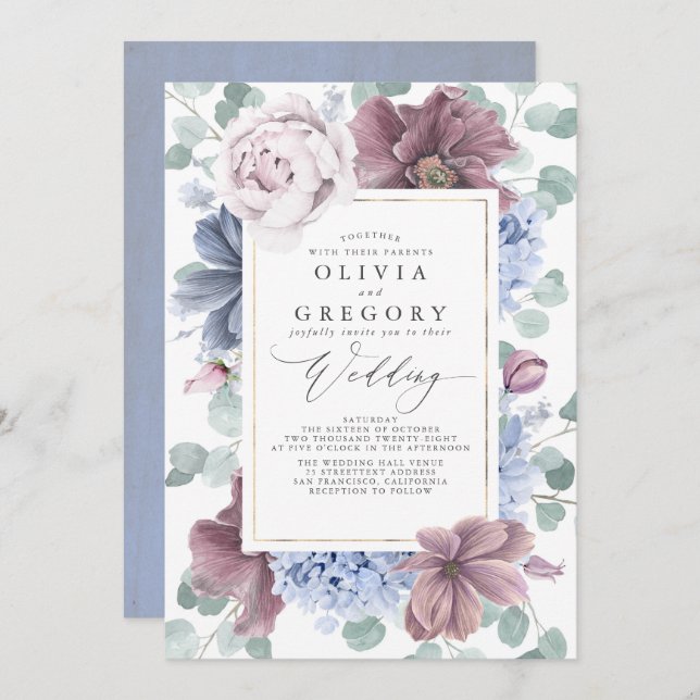 Invitación Flores azul malva y azul turquesa elegante boda (Anverso / Reverso)
