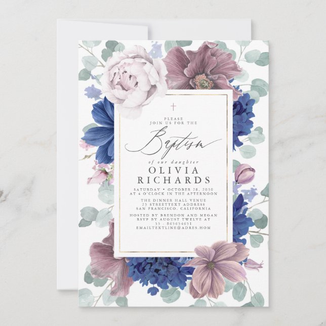 Invitación Flores azul malva y marina bautizan elegantemente (Anverso)