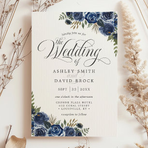 Invitación Flores Azul Marino Caligrafía Acuarela Boda
