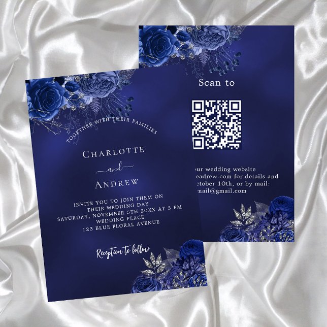 Invitación Flores azul marino código QR boda RSVP (Subido por el creador)