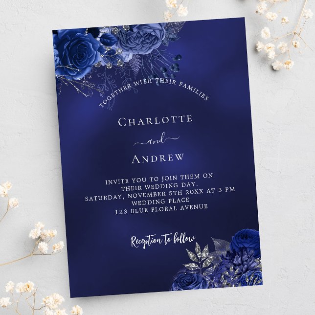 Invitación Flores azul marino elegante boda de lujo (Subido por el creador)