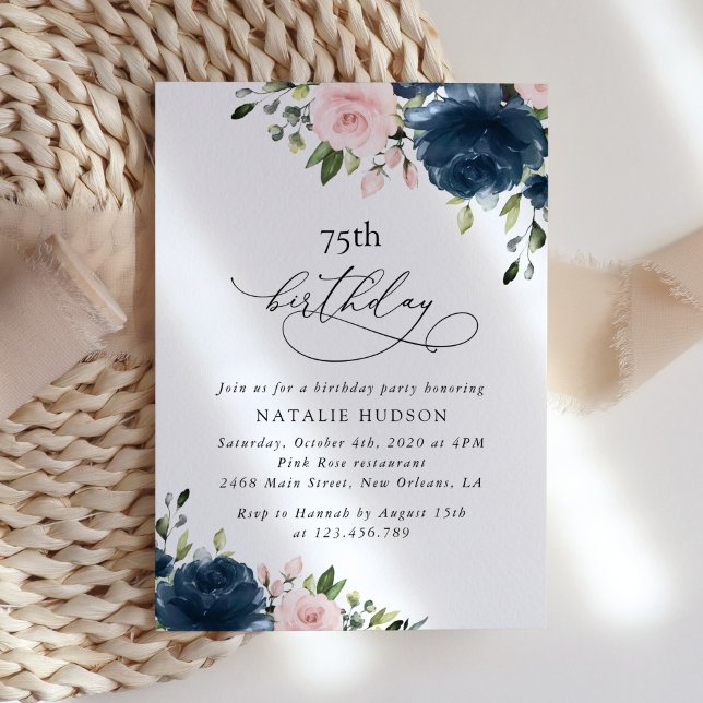 Invitación Flores Azul Marino, Flores Rosadas, Boho, Cumpleañ (Subido por el creador)