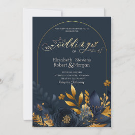Invitación Flores Azul Marino Hojas Doradas Boda