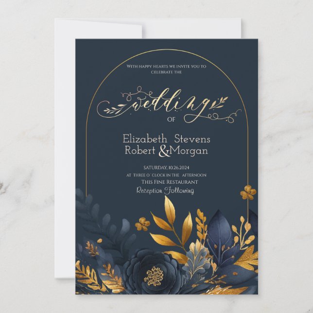 Invitación Flores Azul Marino Hojas Doradas  Boda (Anverso)
