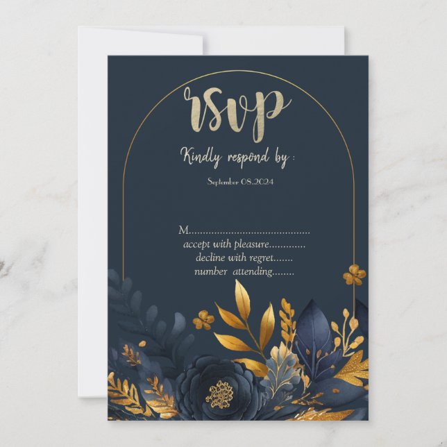 Invitación Flores Azul Marino Hojas Doradas  RSVP (Anverso)