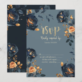 Invitación Flores Azul Marino Hojas Doradas RSVP