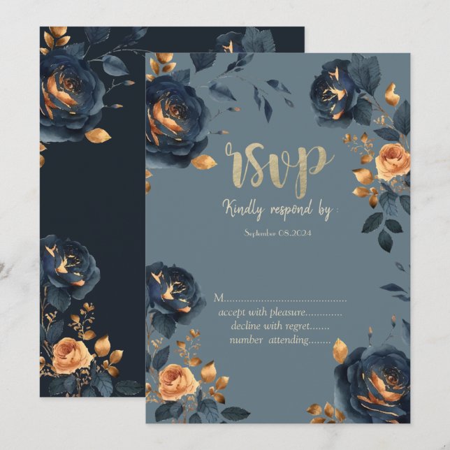 Invitación Flores Azul Marino Hojas Doradas  RSVP (Anverso / Reverso)
