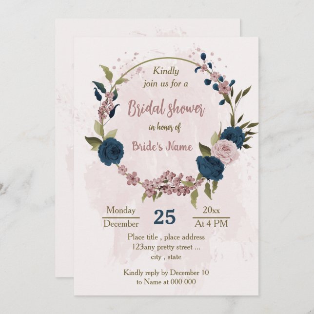 Invitación flores azul marino rosa ducha de novia botánica (Anverso / Reverso)