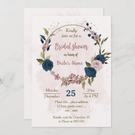 Invitación flores azul marino rosa ducha de novia botánica