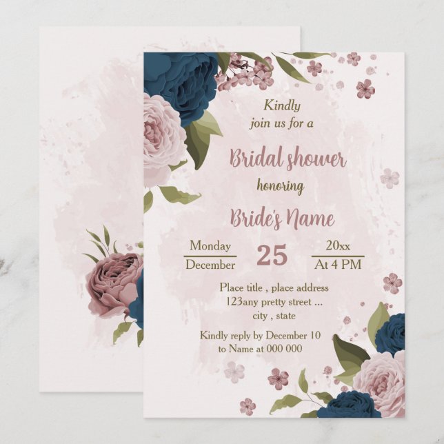 Invitación flores azul marino rosa ducha de novia botánica (Anverso / Reverso)