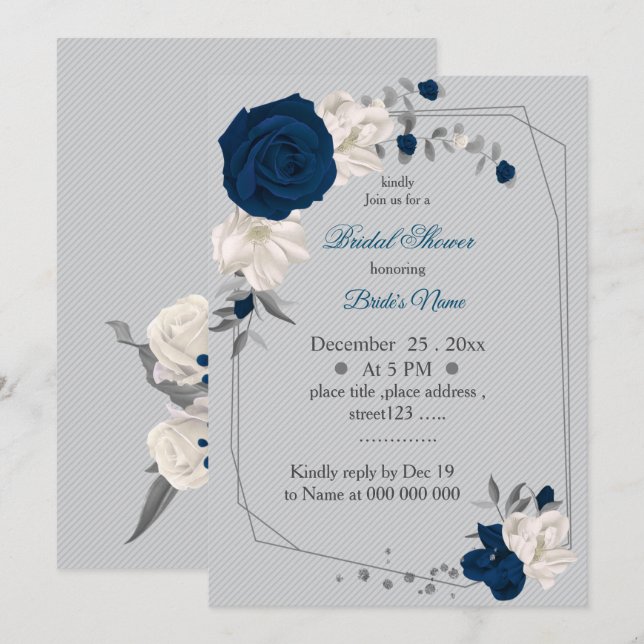 Invitación flores azul marino y blanco ducha geométrica de no (Anverso / Reverso)