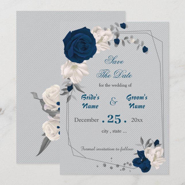 Invitación flores azul marino y blanco geométricas guardar la (Anverso / Reverso)