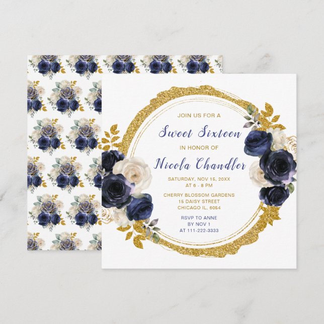 Invitación Flores azul marino y oro elegantes dulce dieciséis (Anverso / Reverso)