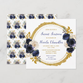Invitación Flores azul marino y oro elegantes dulce dieciséis