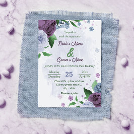 Invitación Flores azul polvorientas moradas hojas verdes boda