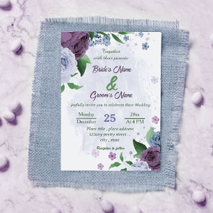 Invitación Flores azul polvorientas moradas hojas verdes boda