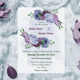 Invitación Flores azul polvorientas moradas hojas verdes boda