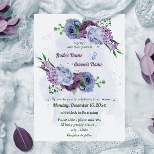 Invitación Flores azul polvorientas moradas hojas verdes boda