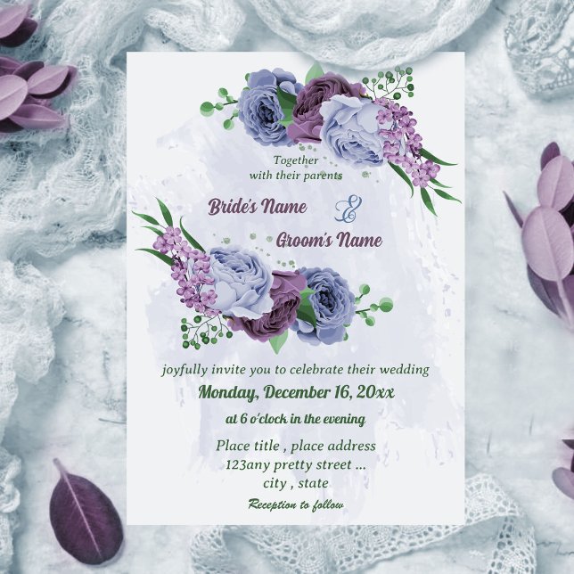 Invitación Flores azul polvorientas moradas hojas verdes boda (Subido por el creador)