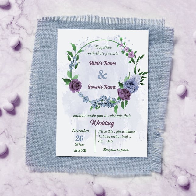 Invitación Flores azul polvorientas moradas hojas verdes boda (Subido por el creador)