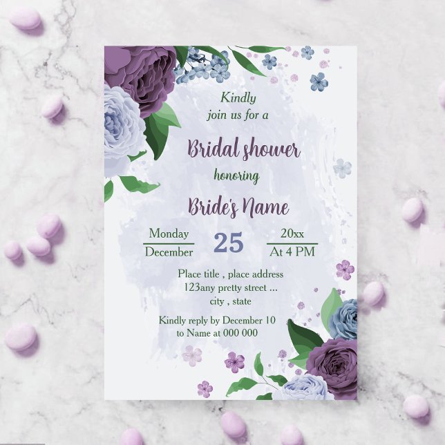 Invitación Flores azul polvoriento morado verde ducha de novi (Subido por el creador)