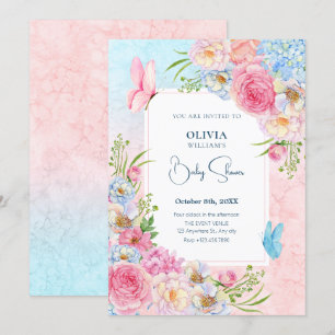 Invitación Flores azul rosa color de agua para bebé