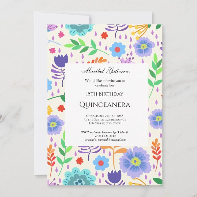 Invitación Flores azul rosadas de Quinceañera (Anverso)